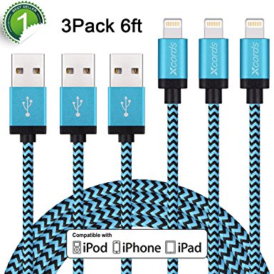 Xcords Lightning Cable,3Pack 6FT Nylon Braided USB Cord Charging Cable Compatible with iPhone 7/7 Plus,6/6S/6 Plus/6S Plus,5/5S/5C/SE, iPad, iPod Nano 7,iPod Touch