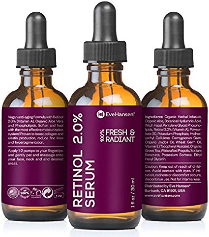 Retinol Serum 1 Ounce for Face – Natural Retinol Anti-Wrinkle Serum Used For Skin Tightening, To Shrink Pores, Skin Discoloration and Acne Treatment. Vegan Vitamin A Anti Aging Serum!