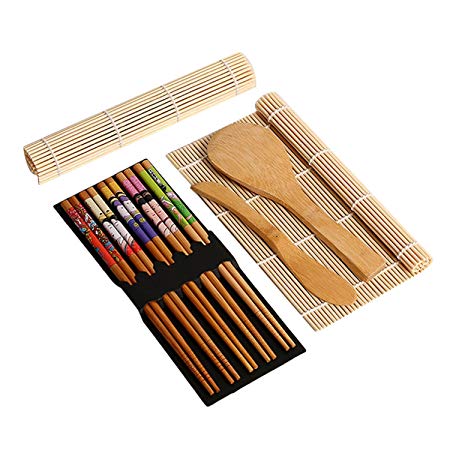 Gosear Complete Bamboo Sushi Making Kit 2 Sushi Rolling Mats Rice Spoon Rice Spreader 5 Pair Chopsticks