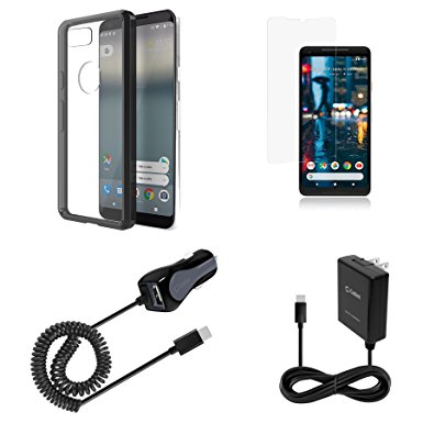 Google Pixel 2 XL - Case Bundle: Ultra Slim Scratch Resistant Clear Fusion Case - (Black), Screen Protector, 15W Type-C Car Charger (Extra USB Port), 15W Type-C Wall Charger and Atom LED