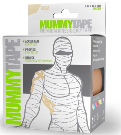 MummyTape  Top Rated Premium Kinesiology Tape  Extra Sticky Waterproof Adhesive  2 in x 164 ft Uncut Roll  Hypoallergenic Latex Free  Rock Solid and the Gold Standard For Athletes and All Therapy Taping Needs  Next Generation Pro Grade Athletic Tape to Treat Shoulder Knee Back Shin Splints Hip Ankle Wrist Neck Hamstring Elbow Calf Injuries and Sprains Increase Support For CrossFitreg Triathlons and Other Sports 100 Guaranteed