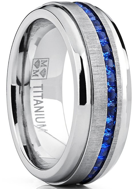 Men's Eternity Titanium Wedding Band Engagement Ring W/ Blue Simulated Sapphire Cubic Zirconia Princess CZ