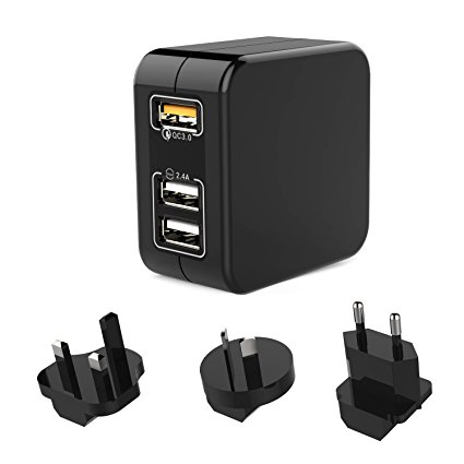Travel Adaptor Charger, QC 3.0 Fast Wall Charger 3 Port 30W Multi USB Plug Adapter with UK/USA/EU/AU Worldwide for iPhone X/7/6s/6/Plus, Huawei Samsung S8/S7 Phones, Tablet, Smart Watch, Power Bank