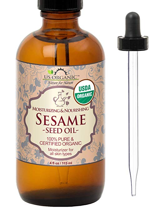US Organic Sesame Seed Oil, USDA Certified Organic, Untoasted, Unrefined Virgin, 100% Pure & Natural, Cold Pressed, in Amber Glass Bottle w/Glass Eye dropper (4 oz (Large))