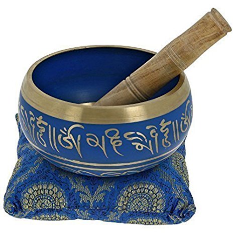 Tibetan Meditation Om Mani Singing Bowl / Cushion / Mallet (4 Inch, BLUE )
