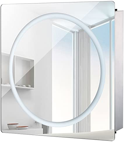 HOMCOM Vertical 28" LED Illuminated Bathroom Sliding Wall Mirror Medicine Cabinet - Ring LEDs