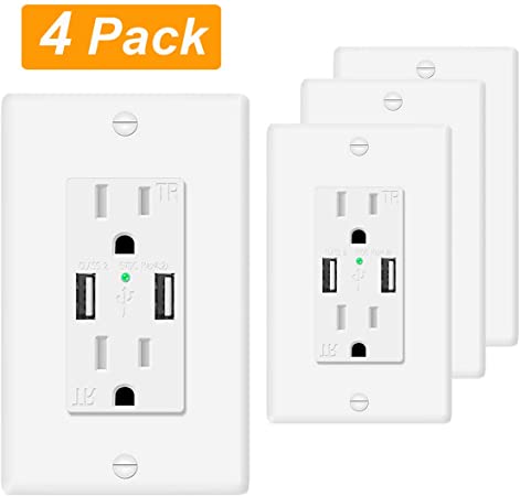 USB Outlet, AllChinaFiber 4.2A USB Receptacle 15A Duplex Tamper Resistant AC Receptacle,Screwless Wall Plate Included,White(4Pack)