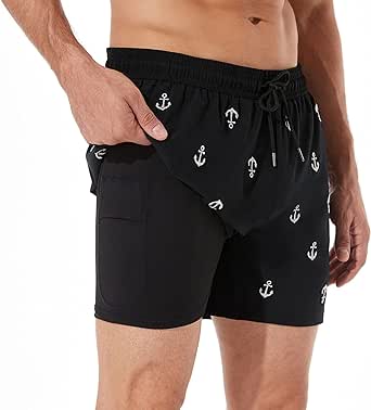 BRISIRA Mens Swim Trunks 5 Inch Bathing Suit Compression Liner Beach Swim Shorts Swimwear Stretch Quick Dry Zipper Pocket