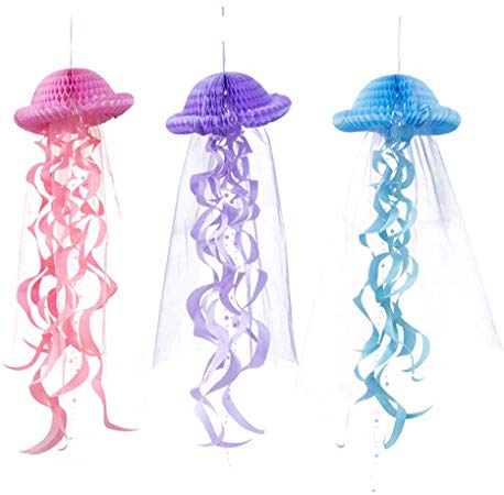 Paper Honeycomb Jellyfish for Girls Birthday Party Mermaid Party Decoration Ornament, SUNBEAUTY (Mix-3PCS)