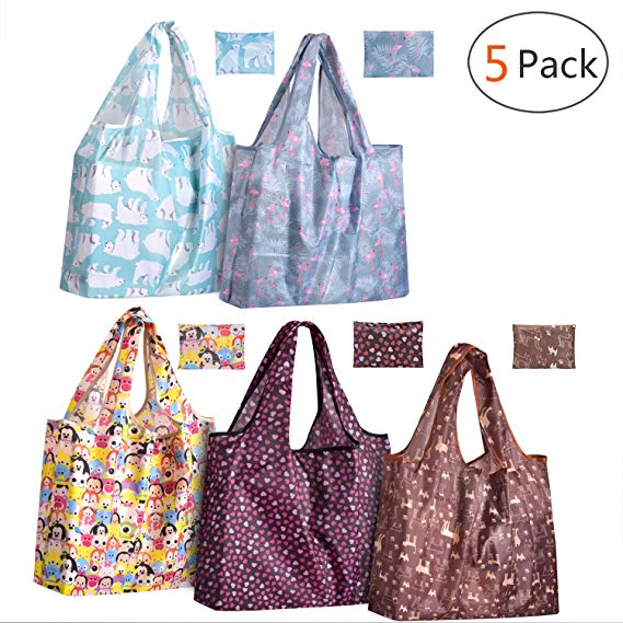 Reusable foldable shopping Grocery bags with Pouch Attached,lightweight, heavy duty and washable eco friendly bags (5pcs, Large)