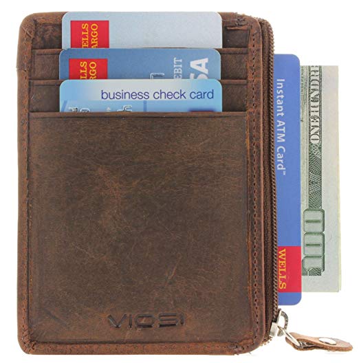 Slim Front Pocket Wallet Mens RFID Blocking Minimalist Card Holder with Zipper Compartment