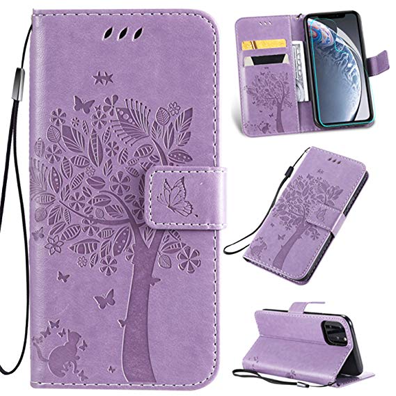 iPhone 11 Wallet Case with Screen Protector,iPhone 11 PU Leather Protective Case Emboss Love Tree Cat Folio Magnetic Card Holder Kickstand Flip Case for iPhone 11 Light Purple