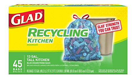 Glad Recycling Tall Kitchen Drawstring Trash Bags, Blue, 13 Gallon, 45 Count