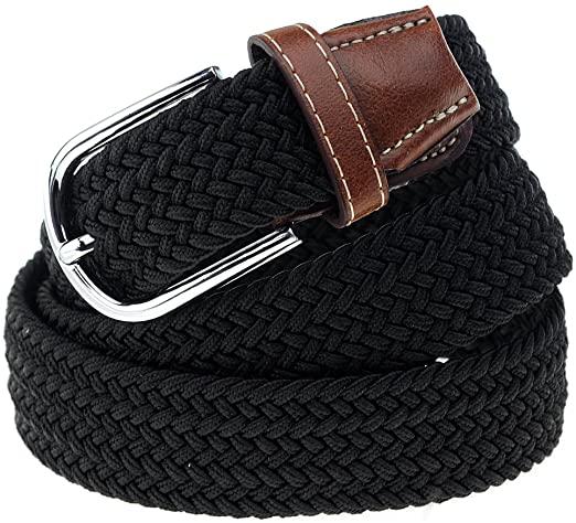 NYFASHION101 Rounded Metal Buckle Brown Inlay Elastic Braided Woven Stretch Belt