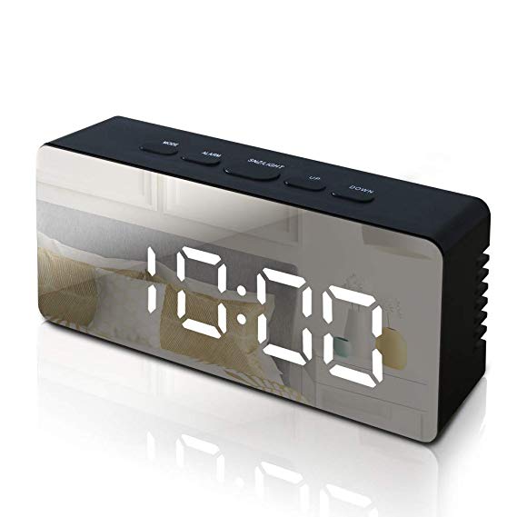 GLOUE Alarm Clock with USB Charger, Digital Alarm Clocks for Bedrooms, Small Bedside Mirror Alarm Clock, 12/24 Hr, Temperature, Snooze and Large Display, Battery Back Up, Adjustable Brightness(Black)