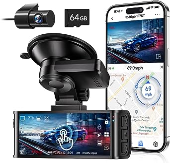 REDTIGER 4K Dash Cam Front and Rear, Touch Screen 3.18 Inch, Free 64GB Card, Car Dash Camera Built-in WiFi GPS, UHD 2160P Night Vision, WDR, Parking Monitor