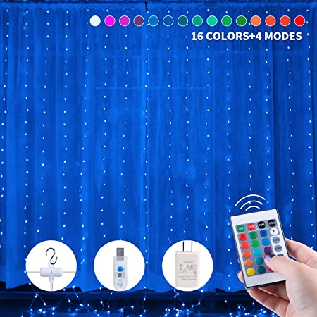 Brightown Upgraded Window Curtain Lights, 300LEDs 9.8 Ft 16 Color Changing Waterfall Lights with Remote to Set 4 Lighting Modes & Timer Room Lights Decor for Bedroom Wall Wedding (No Curtain!)