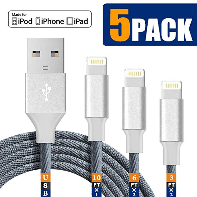 iPhone Charger Lightning Cable iPhone Cable MFi Certified Apple iphone charer cable Xs MAX XR X 8 7 6s 6 5E Plus ipad car Charger Charging Cable Cord Fast Long USB c 3 3 6 6 10 ft to 5pack Chargers 15