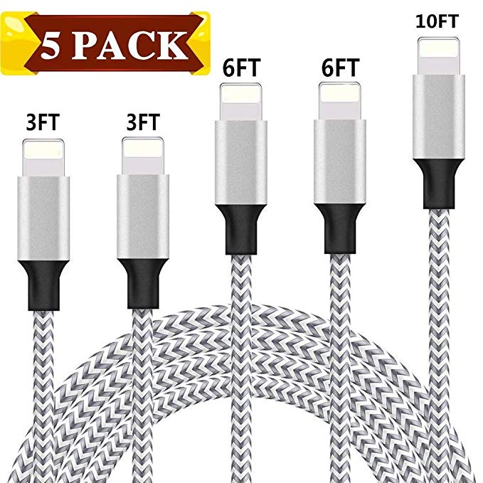 iPhone Charger, MFi Certified iPhone Cable 5 Pack [3/3/6/6/10FT] Extra Long Nylon Braided USB Charging&Syncing Cord Compatible with iPhone Xs Max/XS/XR/7/7Plus/X/8/8Plus/6S/6S Plus/SE (Silver&Grey)