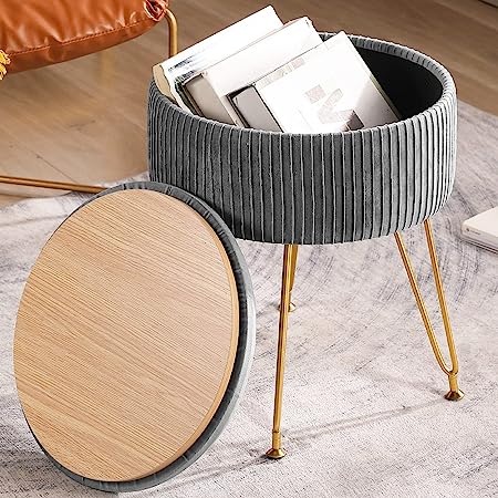 CUYOCA Ottoman with Storage Vanity Stool for Makeup Room, Round Footrest Storage Ottoman with Tray, Velvet Upholstered Foot Rest, Coffee Table, Makeup Footstool, Dark Grey