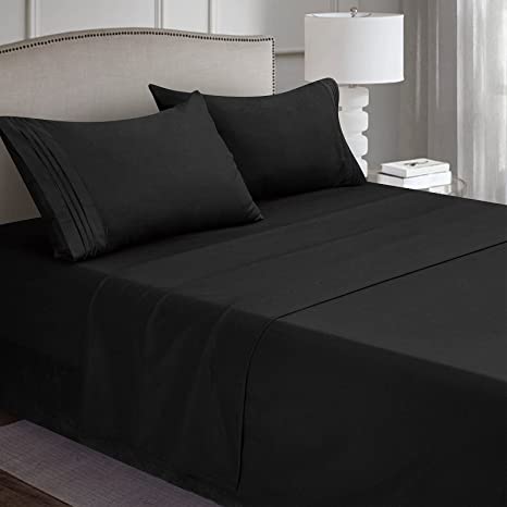 CozyLux Queen Bed Sheets Set 1800 Series 4-Piece Embroidered Double Brushed Microfiber Sheets 16" Deep Pocket Hotel Soft Luxury Bedding Sheet Set, Wrinkle Resistant, Black