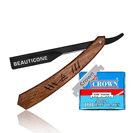 BEAUTICONE Straight Razor | Professional Barber Razor for men with 100 Single Edge Blades | Straight Edge Razor │slide-out design (Rose Wooden Slide-out Razor with Black blade holder)