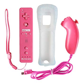 Jadebones Built in Motion Plus Remote Controller and Nunchuck Set for Wii&Wii U (Pink)