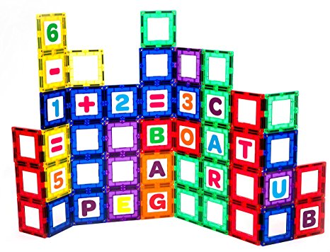 Playmags Magnetic Tile Building Set: EXCLUSIVE Educational Clickins – 80-Pc. Kit: 40 Super Strong Clear Color Magnet Tiles Windows & 40 Letters & Numbers – Stimulate Creativity & Brain Development