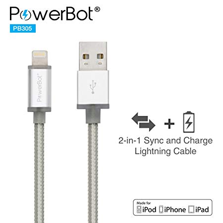 [MFi Apple Certified] PowerBot® PB305 Smart LED Lightning Sync & Charge USB Cable, High-Performance 2-in-1 Function, LED Light Charging Indicator, High-Quality Braided Cable Design