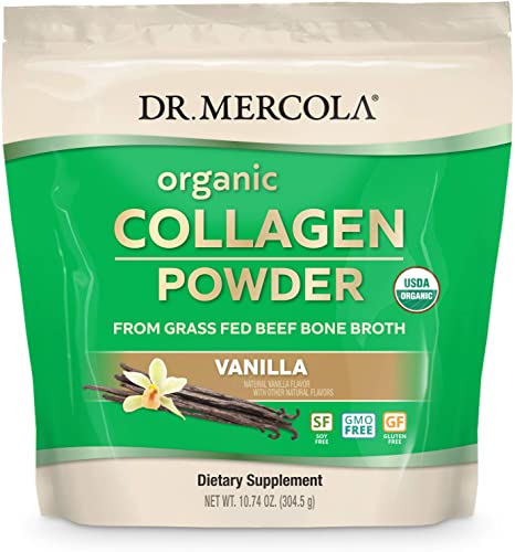 Dr. Mercola Organic Collagen Powder from Grass Fed Beef Bone Broth Vanilla, 30 Servings (30 Scoops), (10.74 Oz. per Bag), Non GMO, Soy Free, Gluten Free