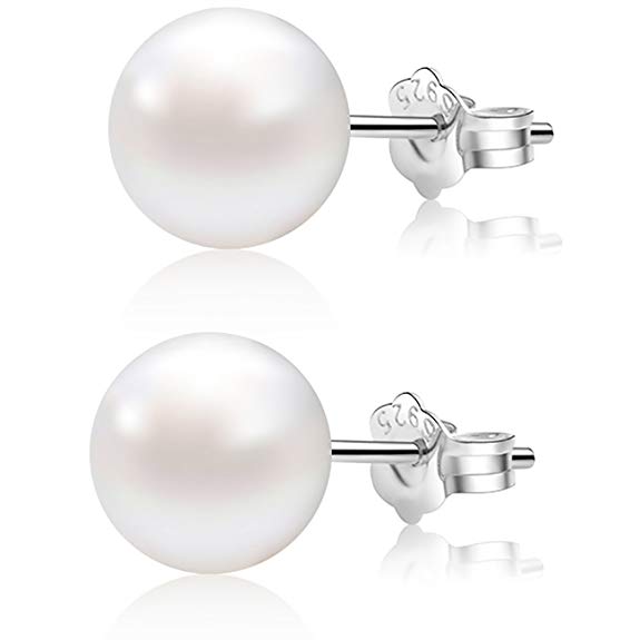 Alyc Pearl Earrings Freshwater Pearl White Button Stud Earrings with 925 Sterling Silver for Women