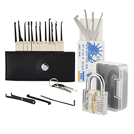 Geepro 20 Pieces Premium Practice Lock Pick Set, Lock Set with Transparent Padlock, 2 Keys, Credit Card Lock Picking Tool Kit For Beginner