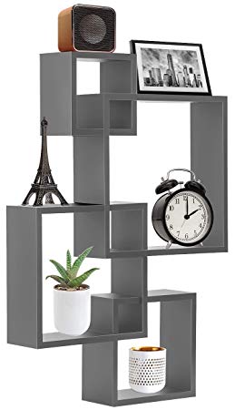 Sorbus Floating Shelf Square Interlocking Cubes with 4 Openings — Decorative Wall Shelves Hanging Display for Photo Frames, Collectibles, and Home Décor (Grey)