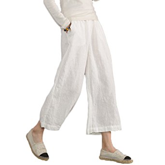 Ecupper Women's Casual Loose Plus Size Elastic Waist Linen Cropped Wide Leg Pants