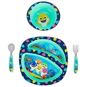 The First Years Baby Shark Dinnerware Set - Toddler Plates and Bowls Set - Includes 1 Toddler Plate, Toddler Bowl, and Toddler Fork and Spoon - 4 Count