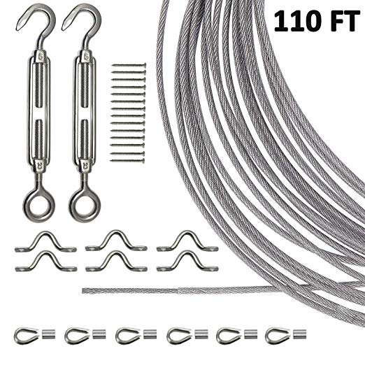 Joddge Stainless Steel Lights Kit,String Light Suspension Kit,Outdoor Light Guide Wire,Includ 110 FT Wire Rope Cable,Turnbuckle and Hooks