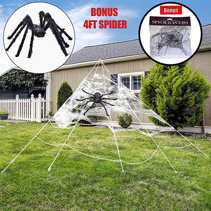 Halloween Giant 23 Feet Triangular Mega Spider Web with 4 Feet Huge Black Hairy Spider and Super Stretch Cobwebs Halloween Indoor and Outdoor Decorations