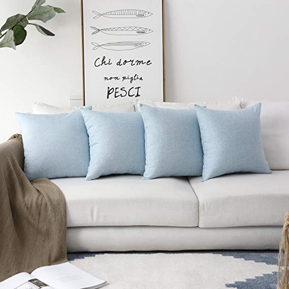 Home Brilliant Burlap Linen Square Throw Pillows Sham Cushion Covers for Kids, Light Blue, 45cm, 4 Pack