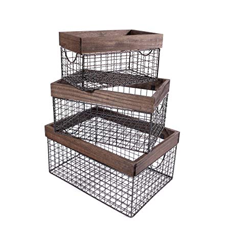 SLPR Wooden Top Wire Storage Baskets (Set of 3, Dark Wood) | Organizer with Built-in Handles for Kitchen Laundry Nursery Cabinets Wardrobe