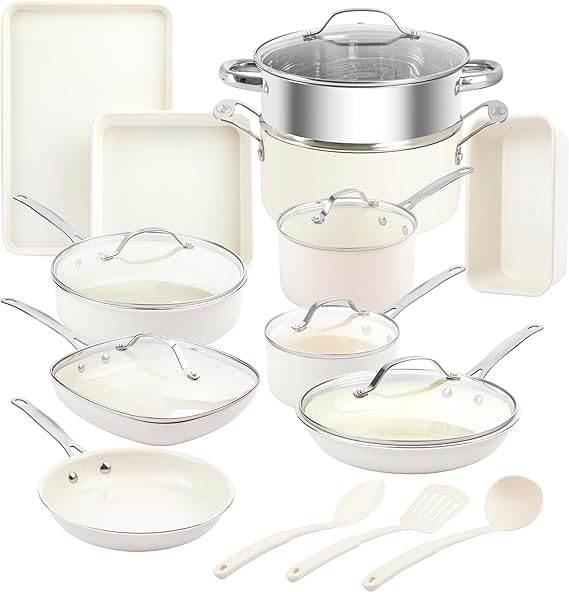 Gotham Steel 20 Pc Ceramic Pots and Pans Set Non Stick, Kitchen Cookware Sets, Pot and Pan Set, Ceramic Cookware Set, Non Toxic Cookware Set, Non Stick Pots and Pan Set Dishwasher Safe, Cream White