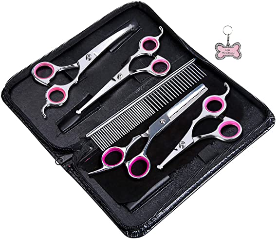 YF Funyole Grooming Scissors Kit for Dogs, 6CR Stainless Steel with Safety Round Tip, Heavy Duty Thinning Straight Curved Shears with Comb and Mini Photo Frame for Long Short Hair for Cat Pet