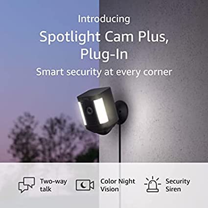 Introducing Ring Spotlight Cam Plus, Plug-in | Two-Way Talk, Color Night Vision, and Security Siren (2022 release) | 3-pack, Black