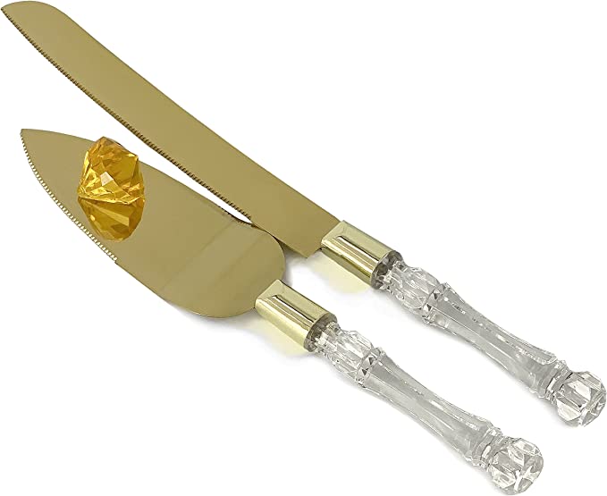 Cake Knife and Server Set Acrylic Stainless Steel Faux Crystal Handle Holiday Thanksgiving Christmas (Gold)