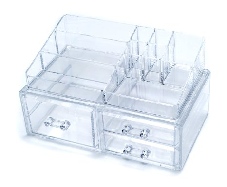 Cubie© Large Acrylic Makeup Organizer - 2 Piece Set - Great for Lipsticks, Liners, Nail Polish, Brushes