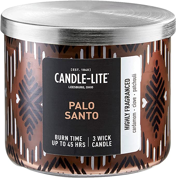 Candle-Lite Everyday Premium Palo Santo Scented Candle, 14 oz. 3-Wick Aromatherapy Candle with 90 Hours of Burn Time Brown