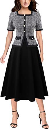 VFSHOW Womens Square Neck Buttons Peplum Slim Wear to Work Office Business Party A-Line Midi Dress