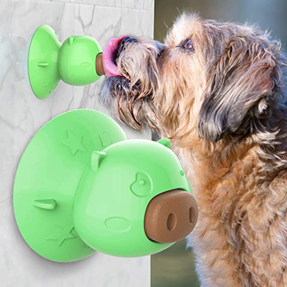 USWT Dog Lick Toy with Suction Cup, Slow Treater Treat Dispensing,Depressing Toys,Teeth Cleaning Chew Toy, Comes with 3pcs Dog Treat (Green-Suction Cup)?-