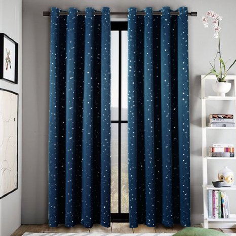 FlamingoP (One Panel) Room Darkening Printed Navy with Sliver Stars Curtain, Unlined Blackout Drape, Grommet Type, Thermal Insulated feature. Polyester Soft Microfiber 96 by 52 inch
