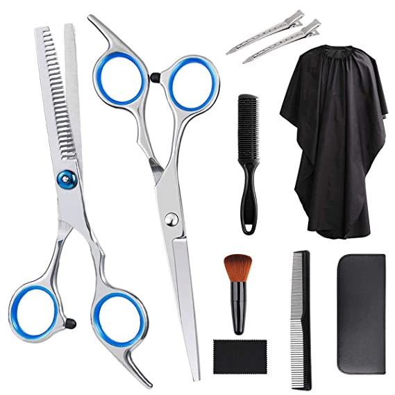 Professional Hair Cutting Scissors Set of 10 PCS, Thinning Shears, Hair Razor Comb, Clips, Cape, Hairdressing Scissors set, Multi-Use Haircut Kit for Barber Salon & Home Hair Shears