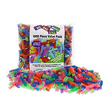 Building Bricks - 1000 Pc "Big Bag of Bricks" Bulk Glow in the Dark Blocks with 54 Roof Pieces - Tight Fit with All Major Brands
